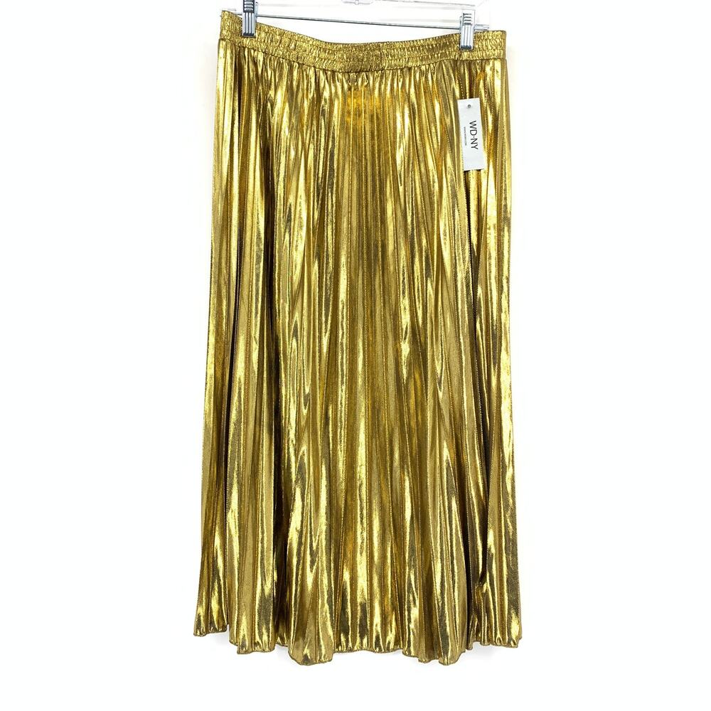 WD.NY Pleated Midi Skirt Womens Sz Large Gold Metallic Elastic Pull On Waist NEW